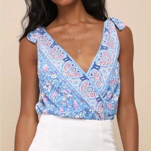 Always Blossoming Blue Multi Floral Print Tie-Strap Bodysuit